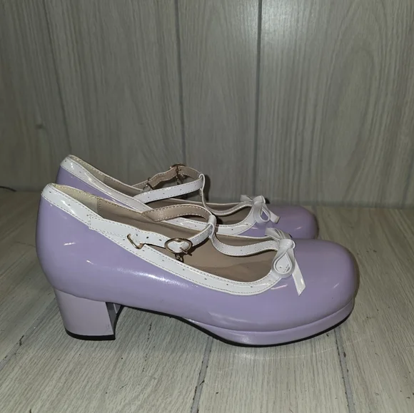 Jingpin Womens Lavender Pin Up Girl Mary Jane Shoes Block Heel Bow Pearl Charm - Picture 1 of 10